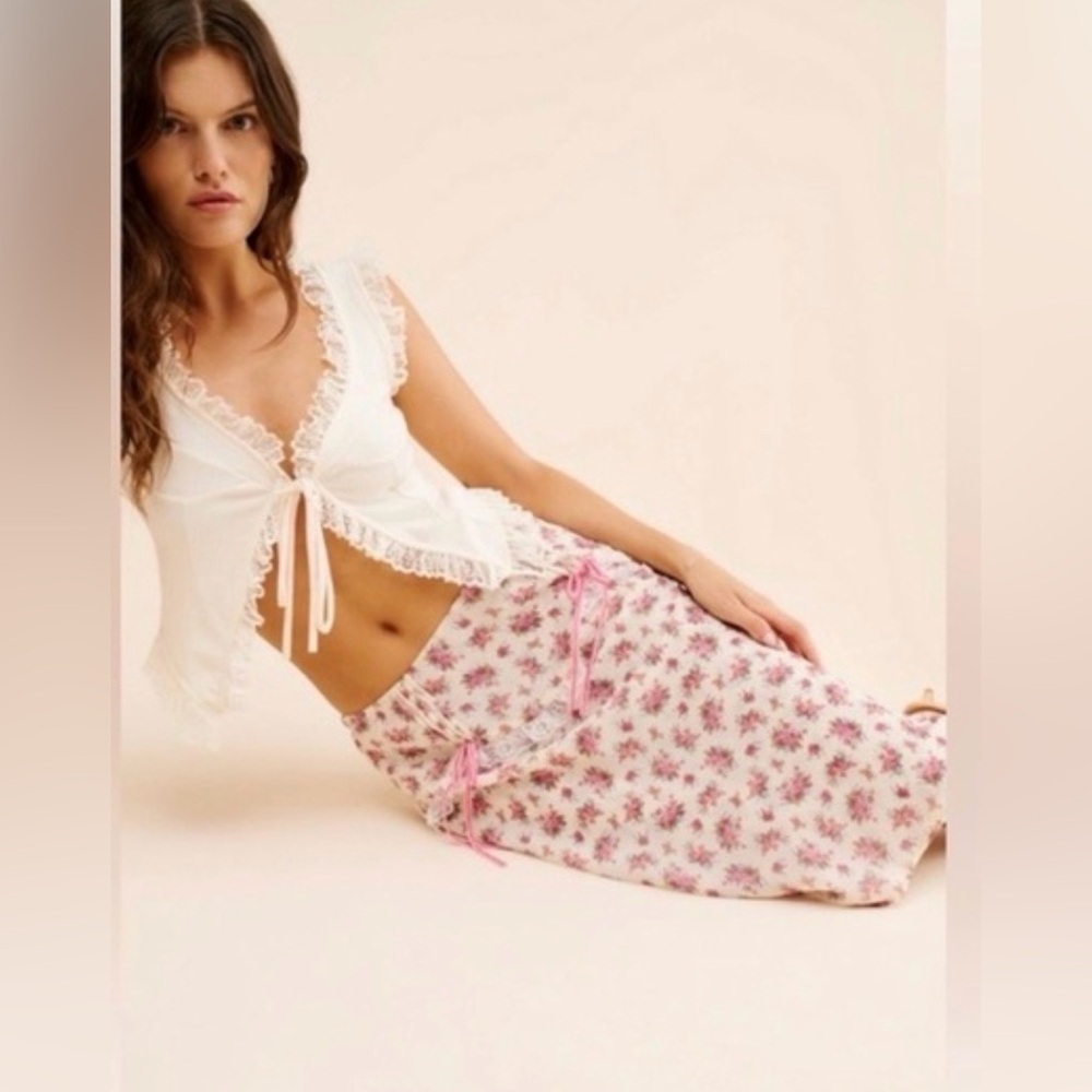 For Love And Lemons Etienne Cream and Pink Floral Midi Skirt - Picture 3 of 15